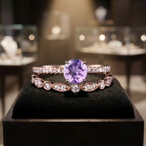 Anillo de Compromiso de Amatista Chapado en Oro Rosa con Detalles de Diamantes, Engaste de Puntas, Joyería Romántica para Mujer - Product Image 3