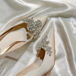 Factory Wholesale New Bridal Satin Wedding Shoes High Heels for Stiletto Women Genuine <b>Leather</b> Upper <b>Pumps</b> - Product Image 1