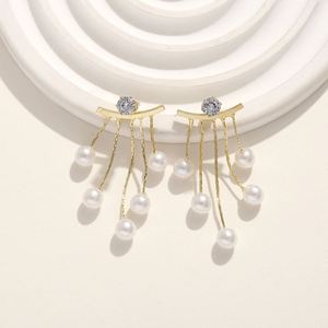 Trendy Alloy Gold Plated Pearl Dangle <b>Earring</b> Women Party Jewelry Bling Shiny <b>Crystal</b> Rhinestone <b>Stud</b> Long Tassel INS - Product Image 4