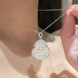 Chinese Style Buddha Pendant Necklace Chalcedony Teardrop Shape Bezel Setting Clavicle Chain Everyday Wear Fine Jewelry - Product Image 4