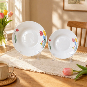 Plato hondo de cerámica contemporáneo con estampado de <span class=keywords><strong>tulipanes</strong></span> en <span class=keywords><strong>acuarela</strong></span>, tazón profundo para pasta con diseño floral colorido, apto para microondas, juego de vajilla. - Product Image 2