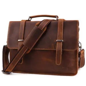 Custom Luxury Men Black Vintage Crazy Horse Computer Genuine Leather Laptop Executive Briefcase Bag For Lawyers