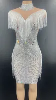 Thời Trang Không Tay Sheer Layer Xem Qua Rhinestone Tua Ladies Club Prom Dress Phụ Nữ Sexy Bodycon Casual Dresses Cộng Với Kích Thước