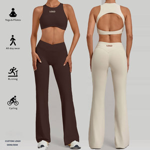 Conjunto de yoga y gimnasio para <span class=keywords><strong>mujer</strong></span>: Top deportivo tipo racerback de cintura alta y pantalones acampanados para correr y hacer ejercicio - Product Image 1