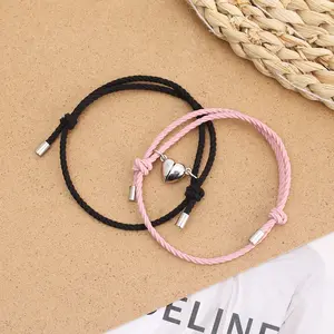 2pcs Black Pink Elastic Rope Adjustable Long Distance Relationship Matching Stainless Steel Magnetic Heart Bracelet for Couples
