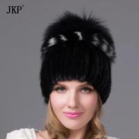 JKP Winter-Damenfellmützen: Gestrickte Bommel-Nerzmütze für Frauen mit anpassbarem Futter, Reise-Beanie aus gängigem Stoff, verstellbar