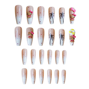 <span class=keywords><strong>Uñas</strong></span> Postizas Blancas Nude Hechas a Mano con Temática <span class=keywords><strong>de</strong></span> Verano, con Adornos 3D <span class=keywords><strong>de</strong></span> Gatito, Palmera y Donut para Vacaciones en la Playa - Product Image 4