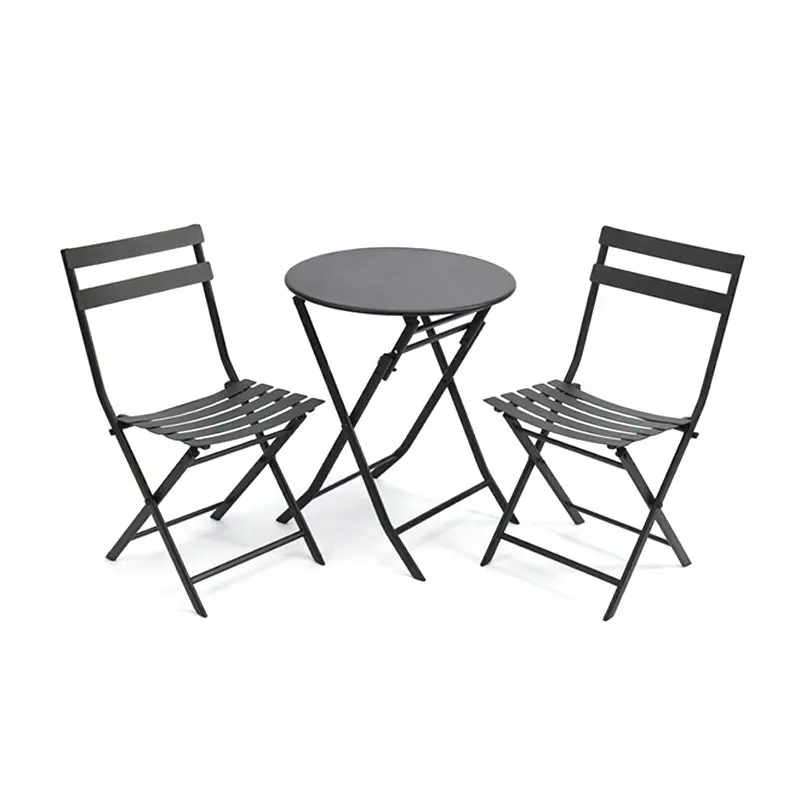 HE-1298, fábrica de metal plegable 3 uds Patio cuadrado mesa plegable y asiento de listón silla jardín conjunto de mesa de bistró al aire libre