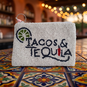 Sac fourre-tout mini brodé et perlé Tacos & Tequila, pochette carrée décontractée promotionnelle, en toile multicolore avec fermeture éclair, marque Jaunty - Product Image 3