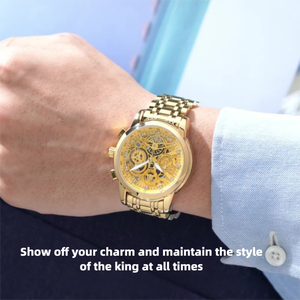 Montre Homme de Luxe à Quartz Haute Qualité en Acier Inoxydable Doré avec Calendrier Lumineux, Trois Aiguilles, Tachymètre et Étanche - Product Image 6