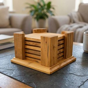 Lot de 6 sous-verres rustiques en bois massif, décoration de table style ferme, support artisanal en bois naturel de 5 mm, dessous de verre pour table - Product Image 1