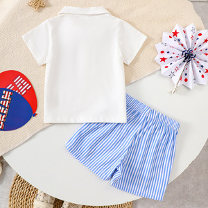 Traje de caballero para niños, nueva <span class=keywords><strong>camiseta</strong></span> infantil de manga corta con solapa, pantalones cortos, conjunto de 2 piezas, ropa de día <span class=keywords><strong>independiente</strong></span> para bebés de algodón - Product Image 2