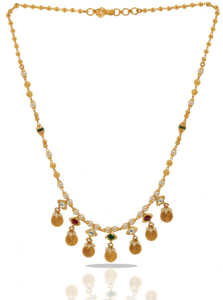 Traditional gold plated coin necklace with pearl chain red green <b>stone</b> accents Indian ethnic temple jewelry for women - Product Image 3