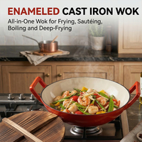 Ensemble de casseroles en fonte émaillée durable, poêle à frire double poignée 36 cm, wok en fonte avec couvercle en bois