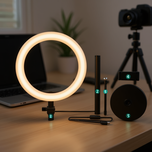 Anneau lumineux tricolore 3200K à 5600K avec contrôle intégré pour vlog personnel et diffusion en direct, alimenté par USB, corps en plastique, W - Product Image 2