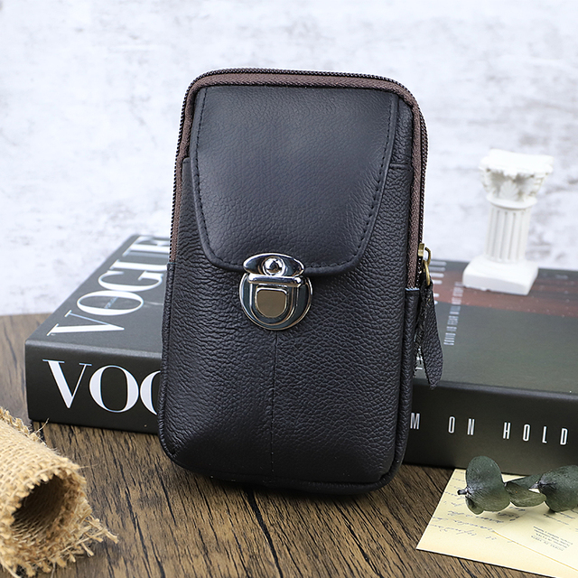Custom Real Leather Vertical Men Cell Phone Belt Loop Holster Case Waist Bag Mini Travel Purse Wallet with Belt Clip