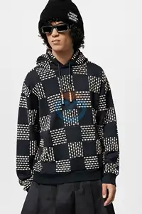 Sudadera con capucha ODM OEM con estampado de diamantes de imitación y logotipo gráfico Sudadera con capucha bordada de gran tamaño de algodón lavado con ácido para hombre