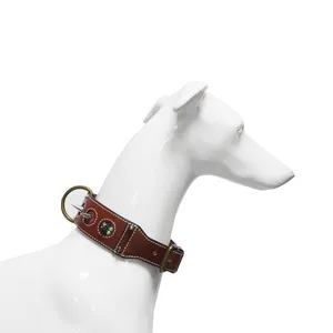 工場カスタム高級ヴィンテージレザー犬の首輪調節可能な柔らかい牛革ペットの首輪手作りリベット刺Embroidery