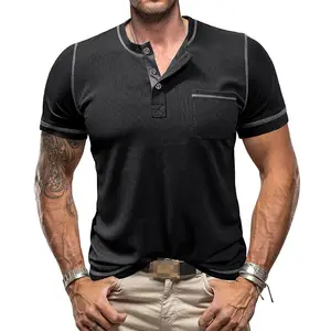 Yeni erkek boyun Henry T Shirt rahat kısa kollu düğme Polo GÖMLEK yaka düz renk Tops