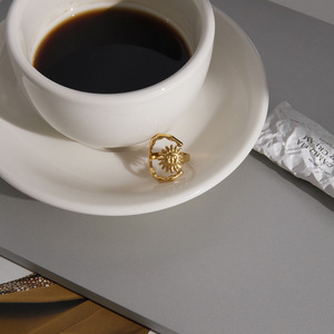 Anillo Abierto Sol y Luna, Acero Inoxidable con Oro de 18K, Forma Geométrica, Joyería Unisex para Regalo - Product Image 4