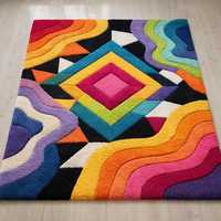 Handgeknüpfter Bunter Teppich mit Geometrischem Wellenmuster, Flachfloriger Bohemian-Teppich, Rutschfester Latex-Teppich für Wohnzimmer und Schlafzimmer, OEM-Anpassung