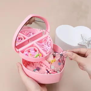 Cute pink heart shape double-deck plastic cosmetic jewelry storage box desktop boxes for earrings rings storage with mirror