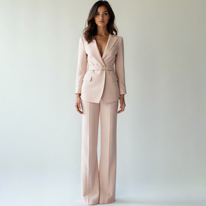 Ziht 73315 donna produttore di abbigliamento <span class=keywords><strong>rosa</strong></span> con scollo a v Blazer formale tinta unita cintura <span class=keywords><strong>pantaloni</strong></span> larghi due pezzi Set completo completo per donna - Product Image 1