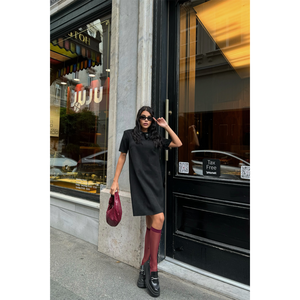 Robe courte formelle en daim noir ODM, motif à pois, détail œillet, col, taille XS, logo personnalisé, décoration ajourée, bon marché, simple - Product Image 4