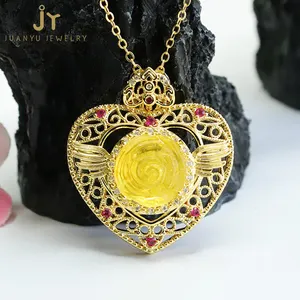 Sweet Style High Quality Amber Pendants Hollow Out Gold Plated Copper Gemstones Pendants Heart Shape Natural Amber Pendants