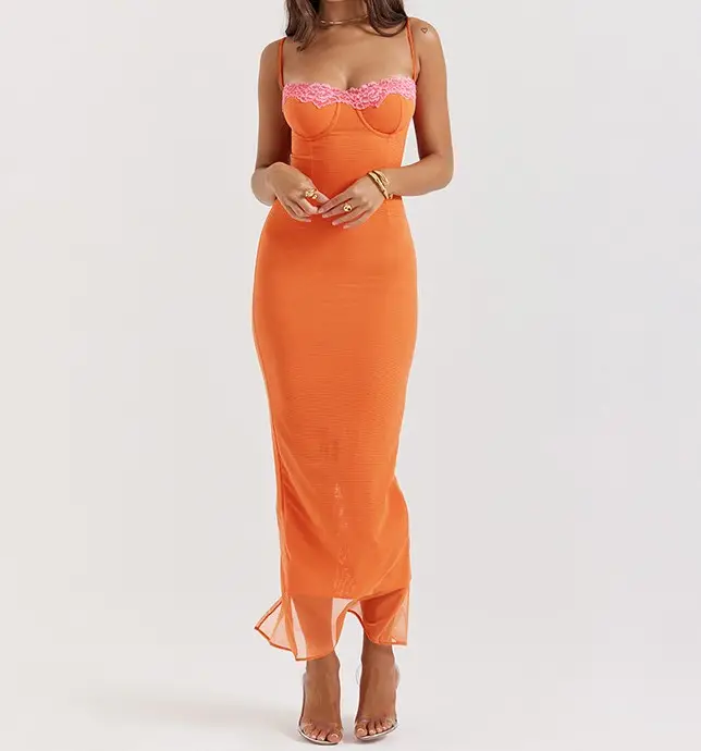 2024 luxe dentelle robe Spaghetti sangle dos nu sans manches Sexy Orange maille robe élégante fête soirée Maxi robes femmes