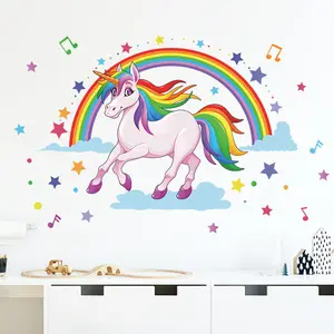 Stiker Dinding Bintang Pelangi Warna-warni Musik Pink Unicorn Kertas Dinding Kartun untuk Kamar Tidur Anak-anak Ruang Tamu Mural Dinding Berperekat