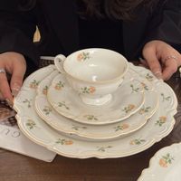 Service de vaisselle en céramique à fleurs en relief, rose jaune, assiettes et plats en porcelaine pour la maison