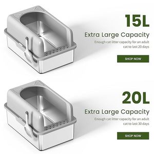 Caja de arena para gatos MSP001 de acero inoxidable, 20L, semicerrada, rectangular, fácil de limpiar, para gatos, color plateado - Product Image 5