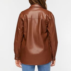 Automne mode femmes Faux cuir chemise boutonné Vintage goutte manches personnalisé dames décontracté Pu cuir veste - Product Image 3