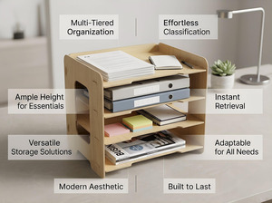 Table d'ordinateur portable de haute qualité, étagère de bureau, support de rangement pour papier A4, solution de rangement de bureau, organisateur de bureau en bois avec 4 niveaux - Product Image 3