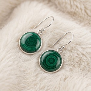 Ear Enlace Oem Odm Silver Plated Round Bezel Set Malachite Dangle <b>Hook</b> <b>Earrings</b> Natural Gemstone Women Jewelry Wholesale - Product Image 2