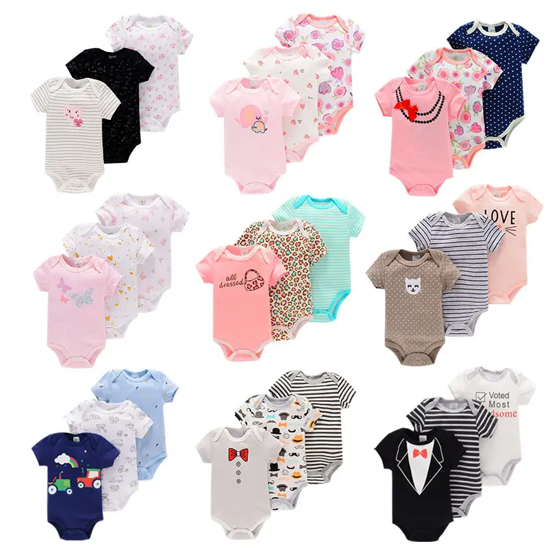 3 PCS Set Großhandel niedlichen neugeborenen Baby kleidung 100% Baumwolle weich gestrickt Kurzarm Boutique Baby Stram pler