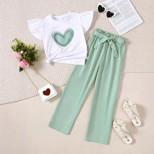 T-shirt à manches courtes et à volants peignés pour <span class=keywords><strong>fille</strong></span>, pantalon, ensemble 2 pièces avec <span class=keywords><strong>ceinture</strong></span> et nœud, ensemble décontracté de vêtements pour enfants - Product Image 1