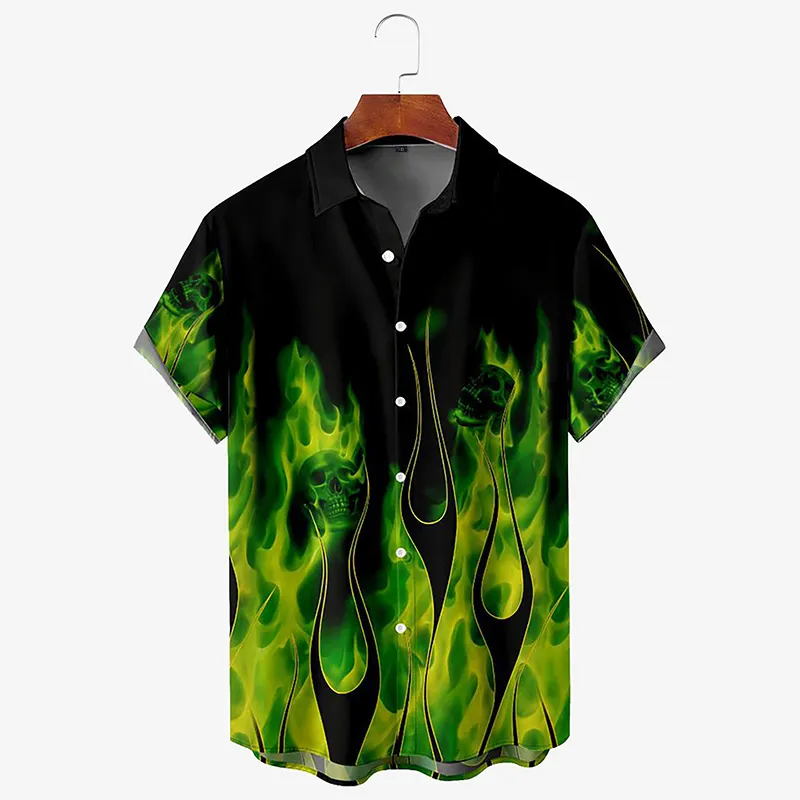 Flame Skull Casual Sommer Polyester Regular Buttons Hawaii hemd Revers Kragen Shirts