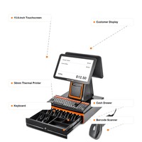Ensemble de point de vente à double écran avec tiroir-caisse, clavier, lecteur de codes-barres, écran tactile tout-en-un de 15,6 pouces, imprimante 58 mm