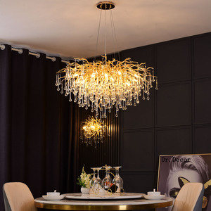 Lustres ovales LED de luxe en cristal pour longue table à manger, luminaires suspendus modernes en forme de branche d'arbre et de goutte de pluie en cristal doré - Product Image 3