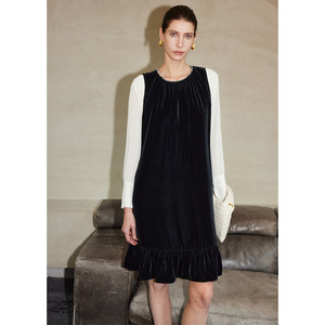 Abito Lungo <span class=keywords><strong>Midi</strong></span> Elegante in <span class=keywords><strong>Velluto</strong></span> di Seta di Gelso 100% Lussuoso da Donna, con Orlo a Foglia di Loto Vintage e Vestibilità Slim, Plissettato - Collezione 2026 - Product Image 2