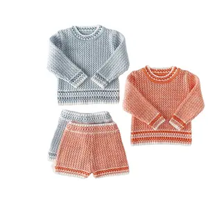 Setelan Baju Anak Bayi Katun Organik 100% Kustom Set Baju Sweater Rajut Chunky Lengan Panjang & Celana Pendek