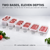 Barquette alimentaire en plastique PP blanc personnalisable, à parois côtelées, 60 mm, jetable, empilable, pour emballage de viande et de fruits, qualité alimentaire