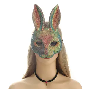 Halloween Pascua Rave Mascarada Animal EVA Media cara Máscara de dibujos animados Máscara de conejo con lentejuelas