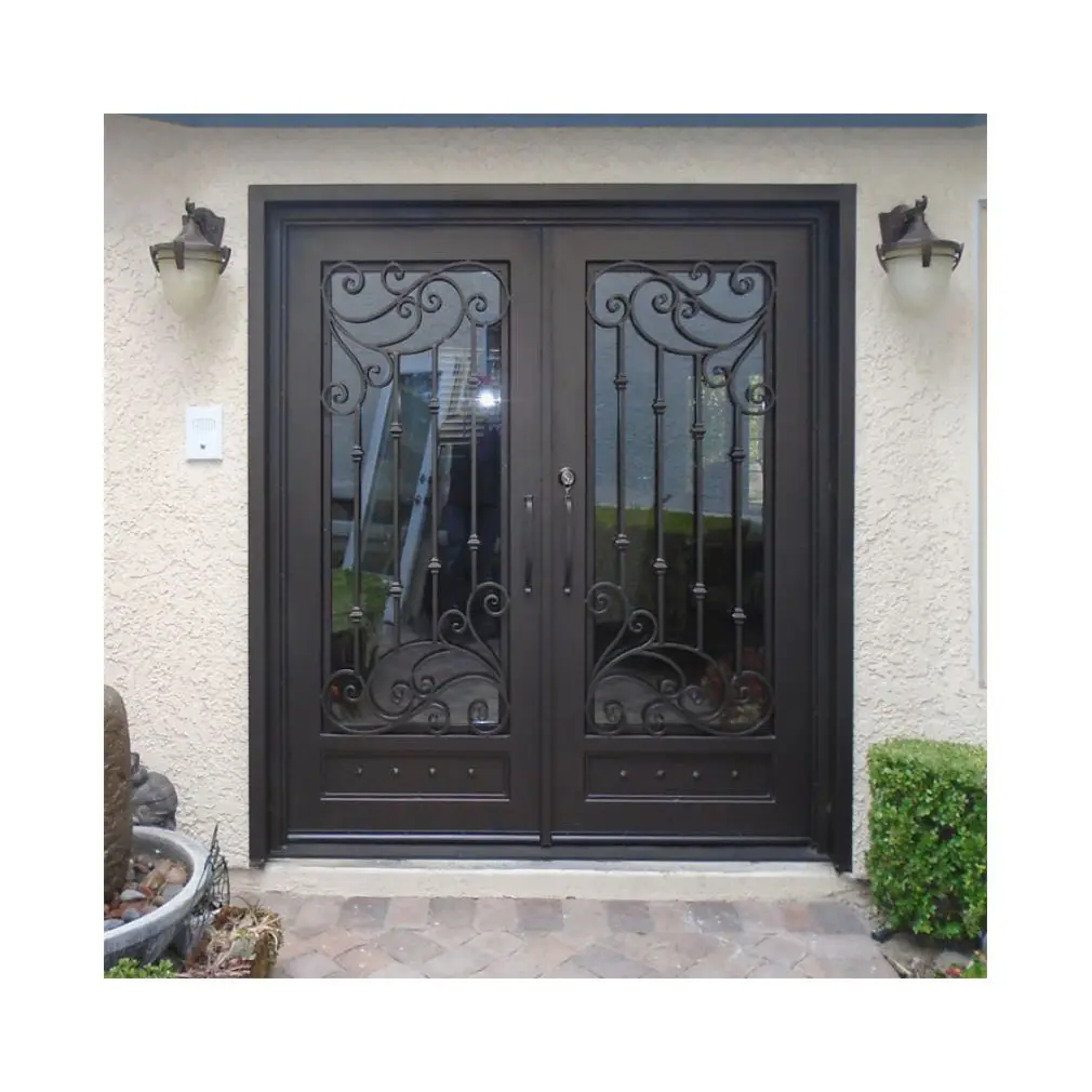 Puerta de hierro forjado Entrada decorativa para el hogar Puerta de pantalla de hierro forjado moderna Insertos Puertas de hierro forjado de entrada individual para el hogar
