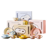 Service de table en céramique Snoopy, 4 pièces, pour 1 personne, comprenant bol, assiette, tasse, cuillère, avec boîte cadeau, vaisselle mignonne