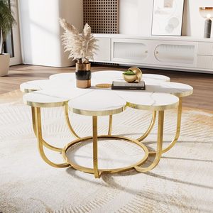 Mesa de Centro Moderna en Forma de Flor con Tapa de Imitación Mármol y Estructura Metálica de 39.37 Pulgadas para Sala de Estar, Dormitorio o Salón - Product Image 3