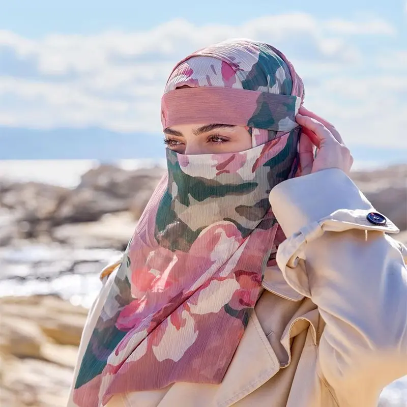 Wanita Niqab dengan Desain Kustom Dicetak Crinkle Chiffon Niqab Syal Muslim