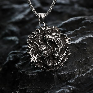 Nordic Retro Viking Double <b>Celtic</b> Wolf Stainless Steel Pendant <b>Necklace</b> For Men - Product Image 4
